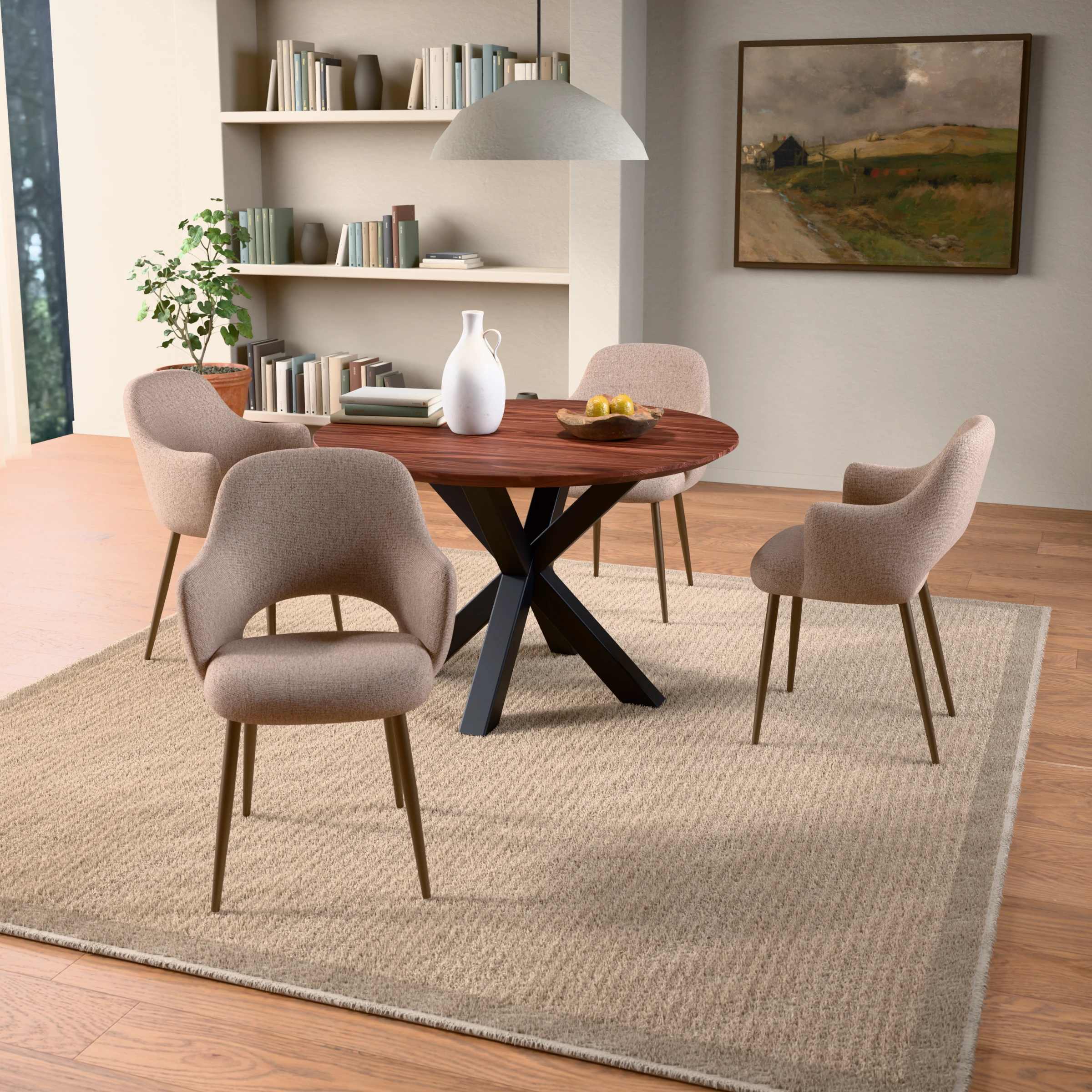 Runder Nussbaum-Tisch Riga 80x80 Stahl — im Wohnambiente