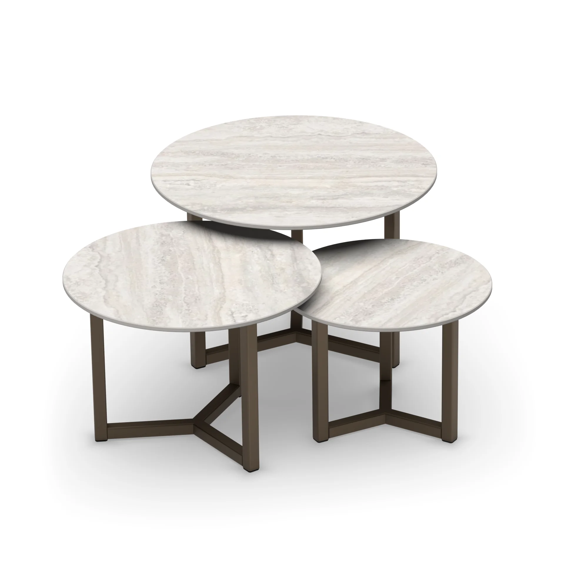 Salontafelset Oslo rond Travertino Romano met Anodic Bronze, set van 3