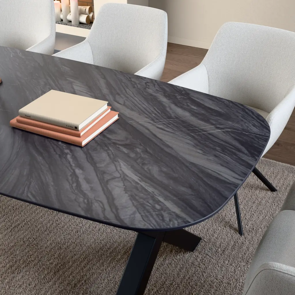 Ceramic table top Bahia Black. Surface and edge detail up close.