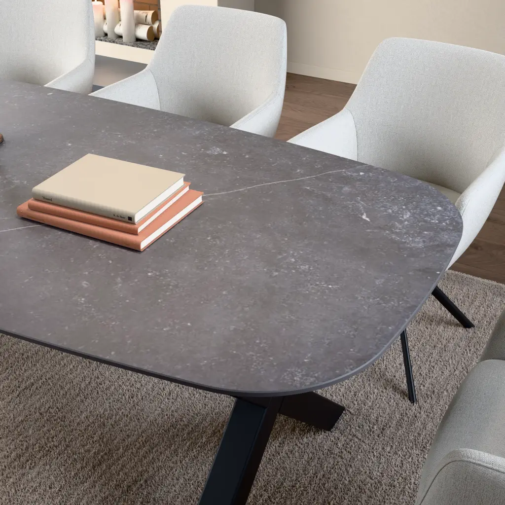 Keramiek tafelblad Fossil. Structuur en bladrand van dichtbij.