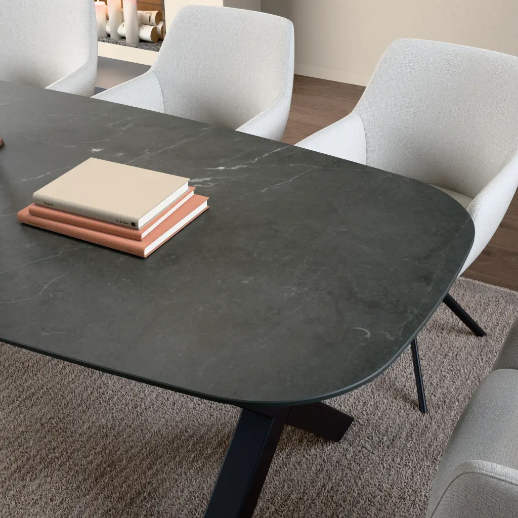 Keramik-Tischplatte Galaxy Stone Dark Grey. Oberfläche und Plattenkante aus der Nähe.