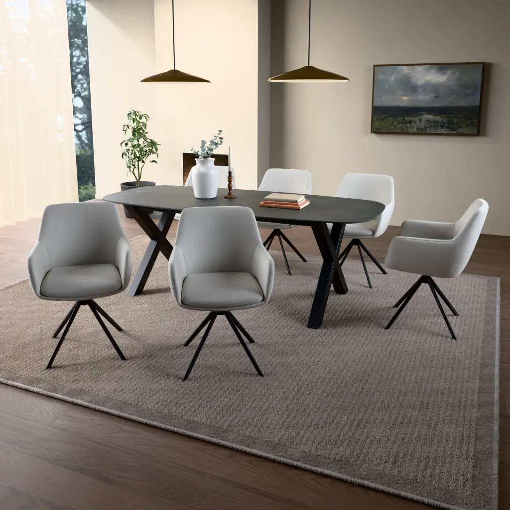 Keramik-Tischplatte Galaxy Stone Dark Grey. In einem Essbereich. Im Lieferumfang ist nur die Tischplatte enthalten.