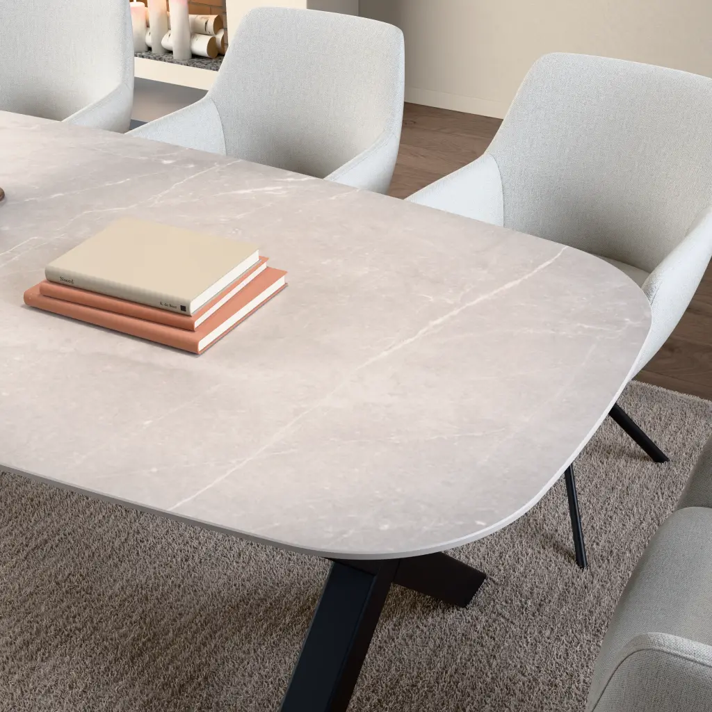 Ceramic table top Galaxy Stone Light Grey. Surface and edge detail up close.