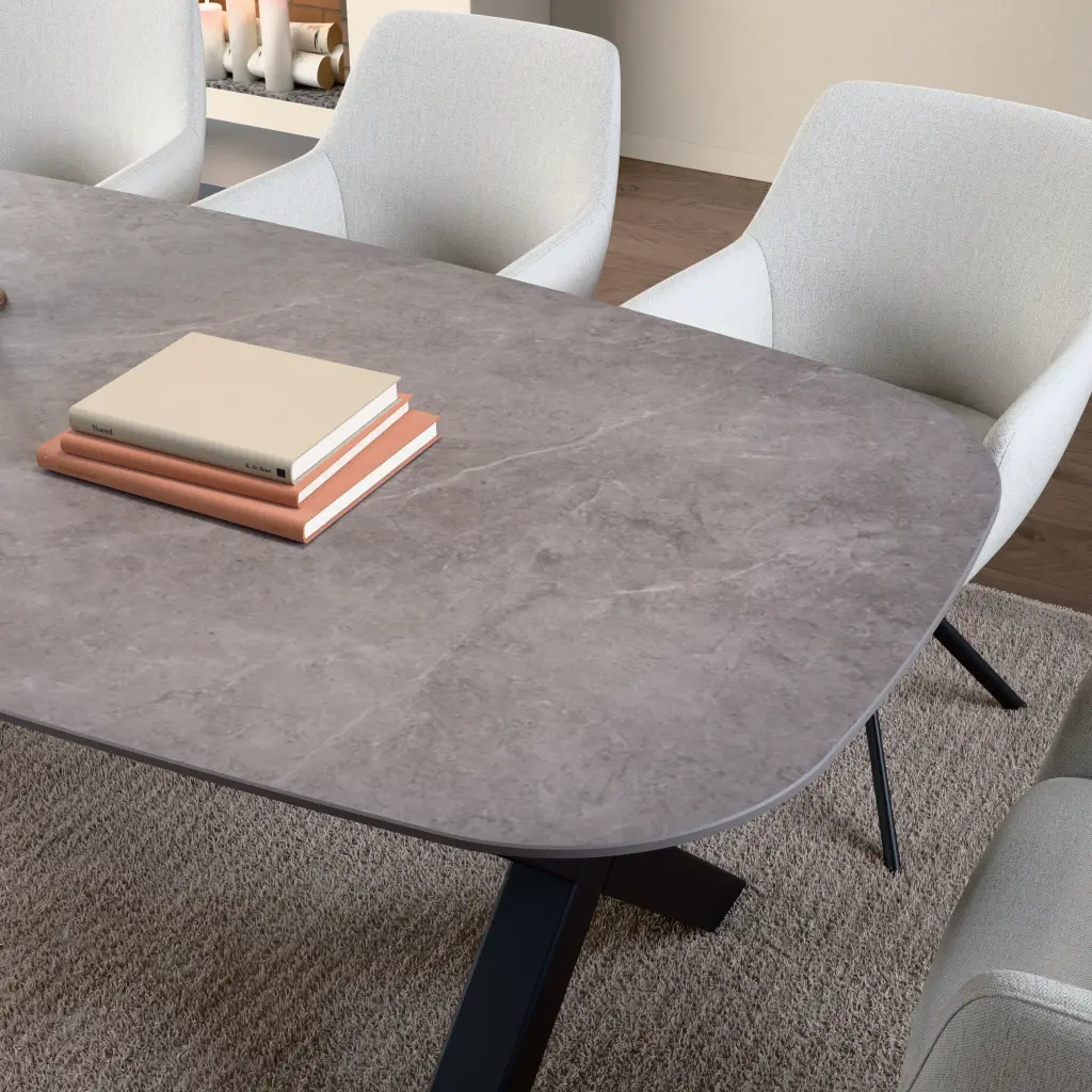 Ceramic table top Galaxy Stone Medium Grey. Surface and edge detail up close.