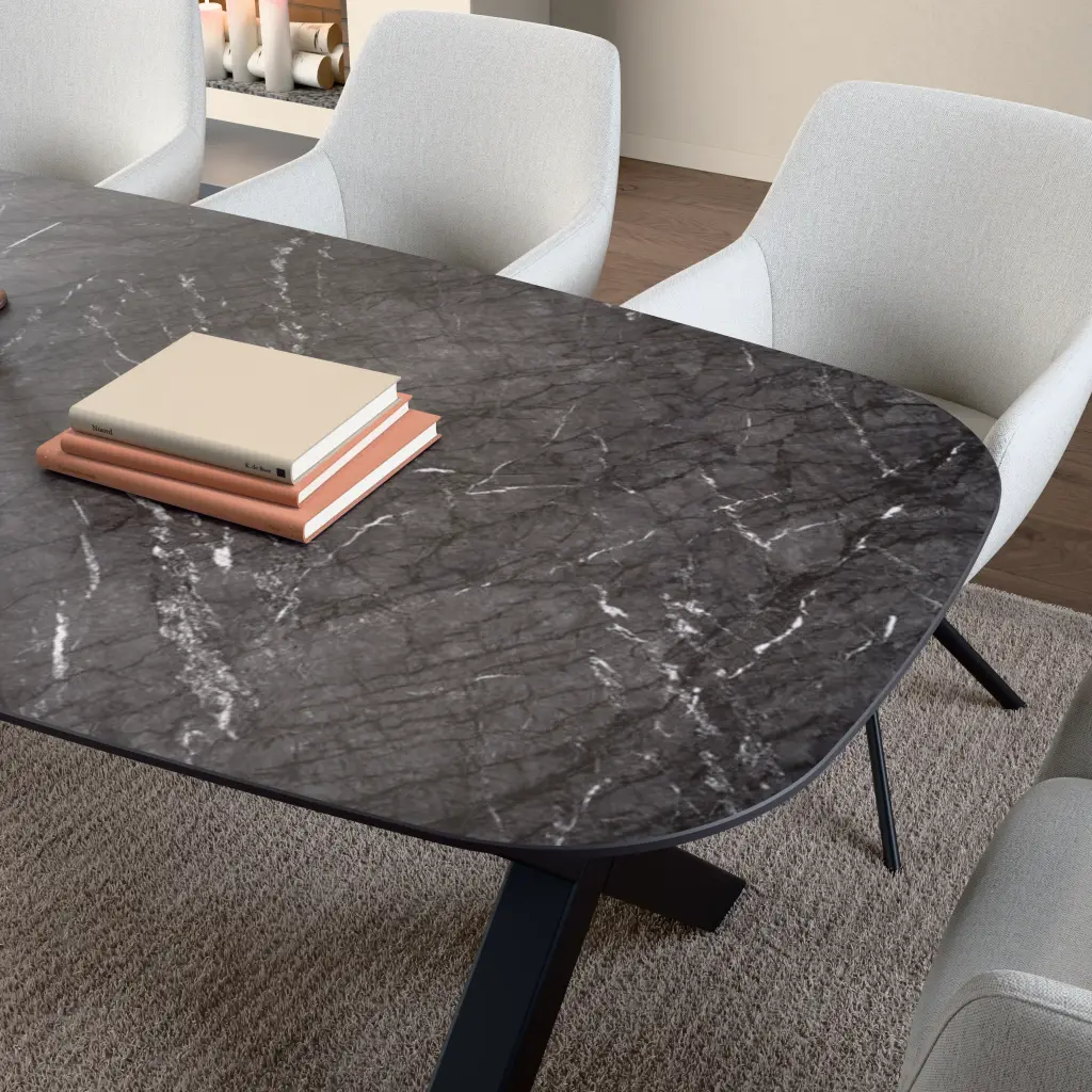 Ceramic table top Grigio Carnico. Surface and edge detail up close.