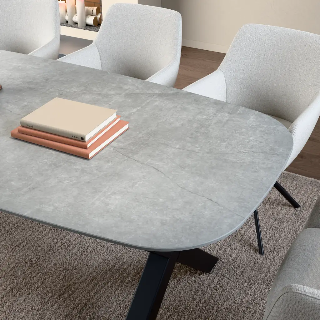 Keramik-Tischplatte Hanshan Grey. Oberfläche und Plattenkante aus der Nähe.
