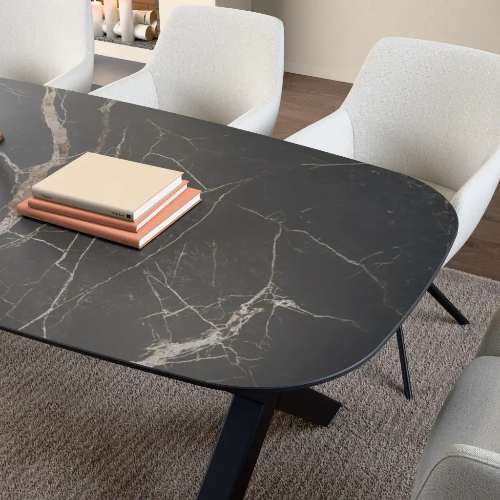 Ceramic table top Marmo Bruno Perla. Surface and edge detail up close.