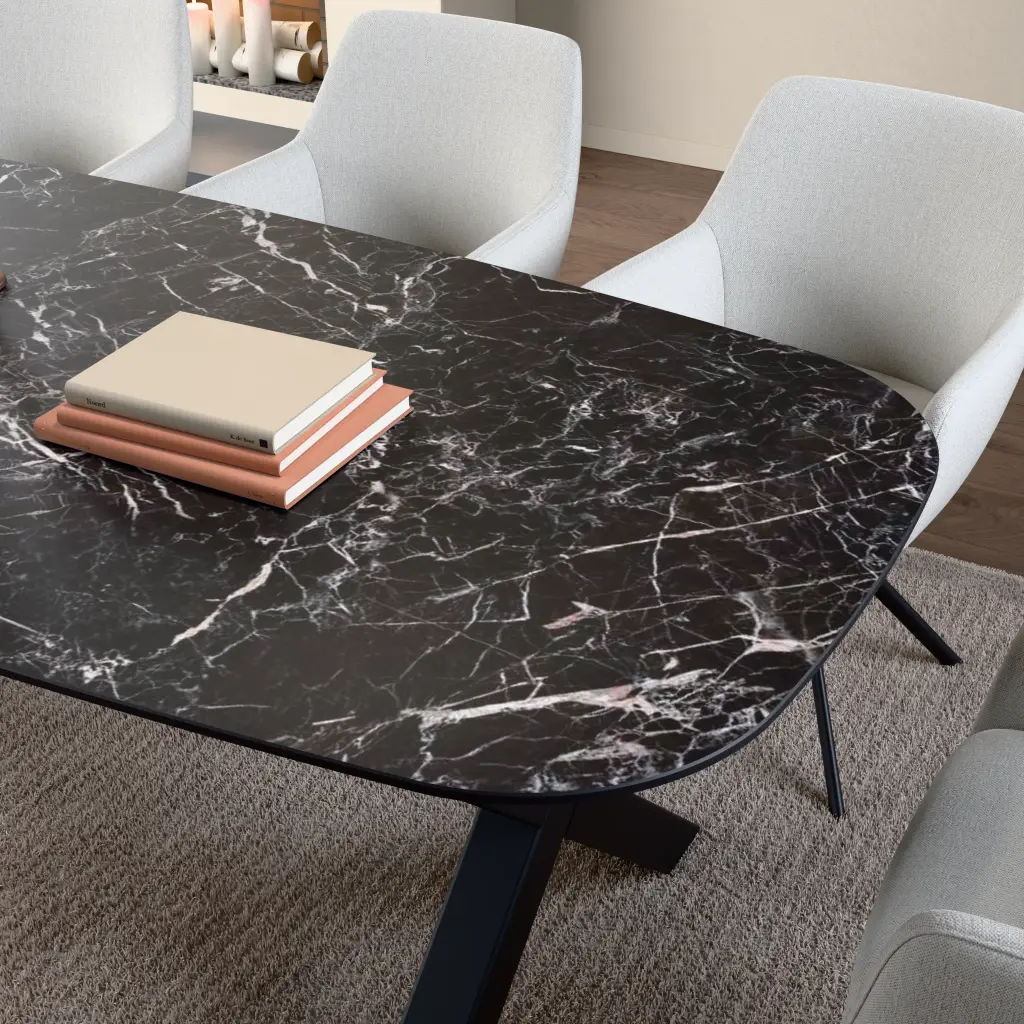 Ceramic table top Saint Laurent. Surface and edge detail up close.
