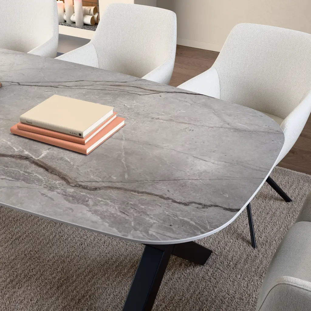Ceramic table top Silver Root Grey. Surface and edge detail up close.