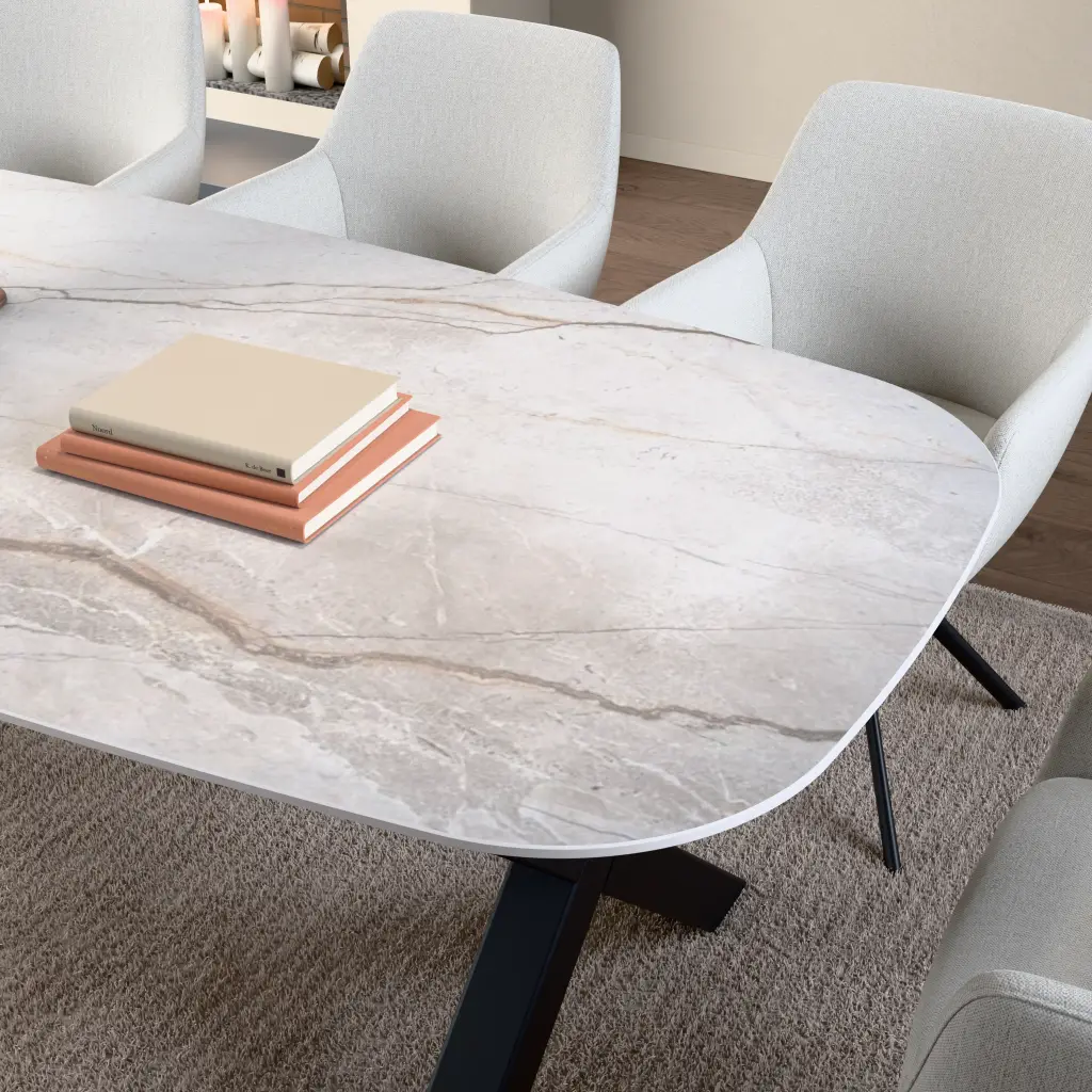 Keramik-Tischplatte Silver Root White. Oberfläche und Plattenkante aus der Nähe.